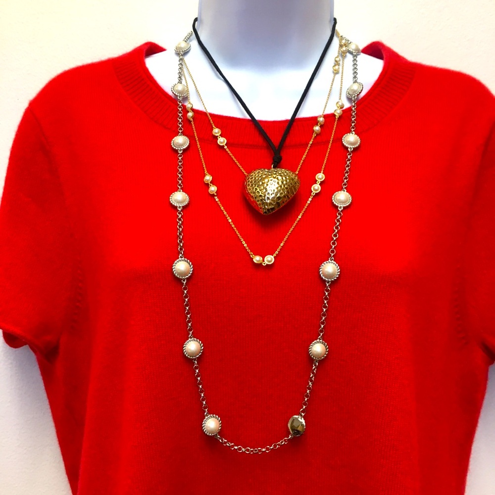 J Crew Necklace Bundle (3) Gold Silver Tone Faux Pearl Sparkle Hearts